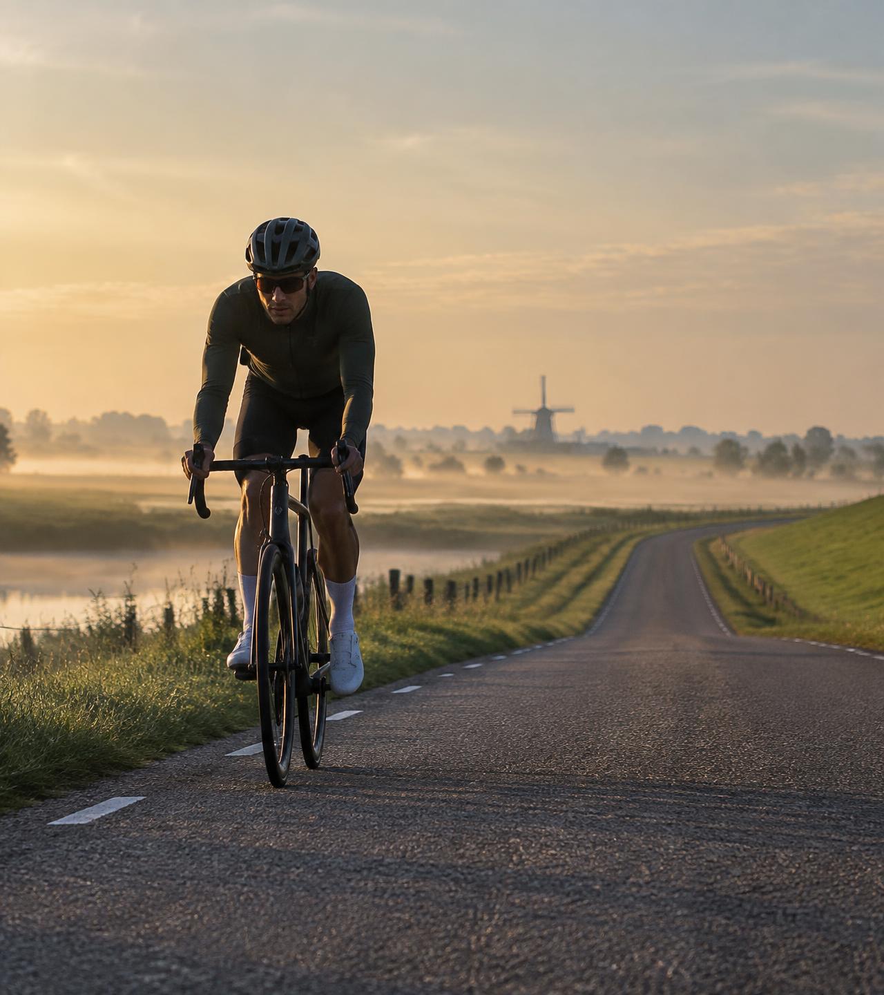 Wielrenner rijdt bij zonsopkomst over een dijk in de Nederlandse polder